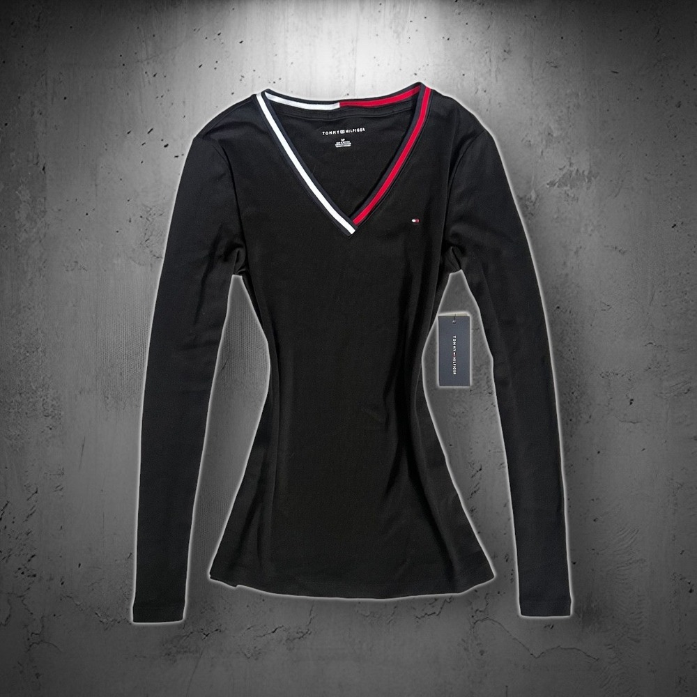 New Tommy Hilfiger V-Neck Pullover Sweater S Long Sleeve Black Preppy Classic